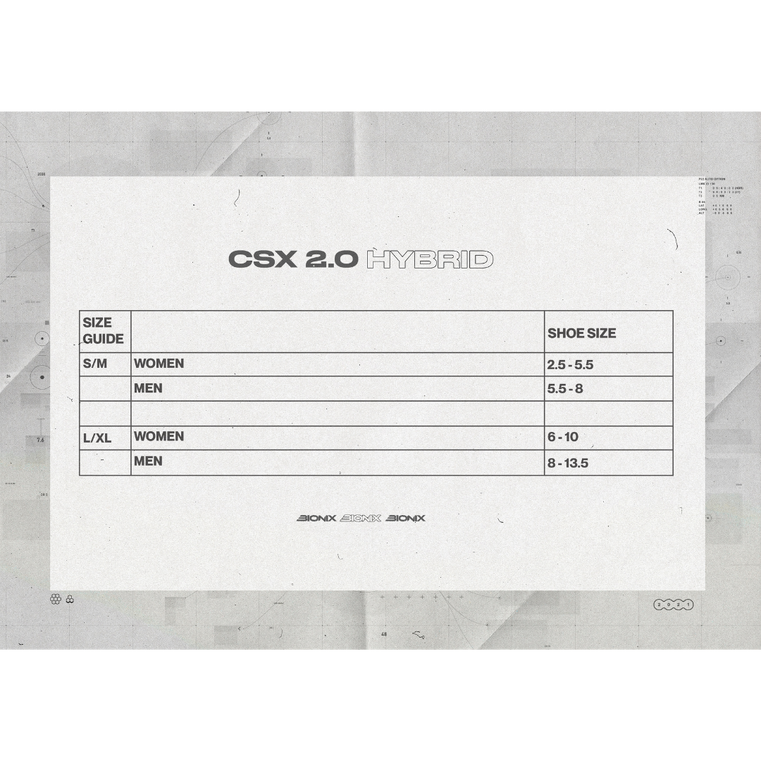 Bionix Compression Socks CSX 2.0 Hybrid Lapis Product Size Chart Details.