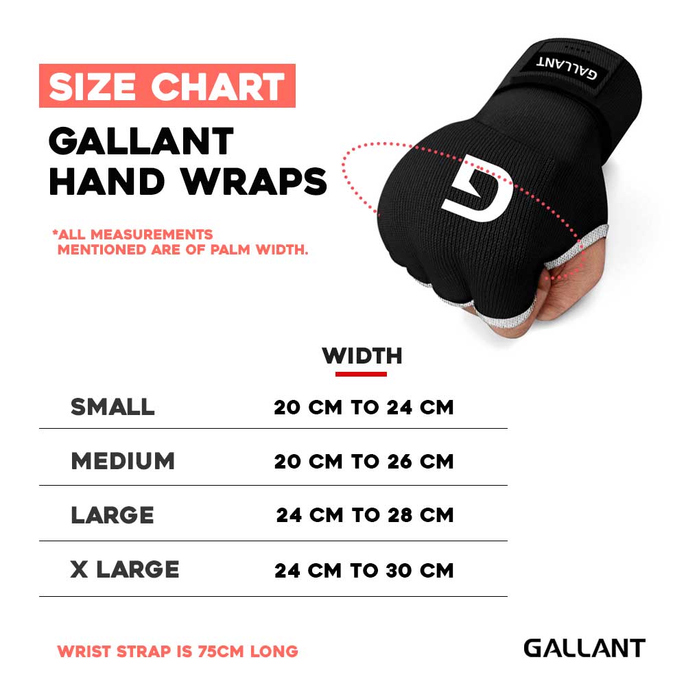 Gallant Heritage Boxing Gel Inner Hand Wrap Size Chart Details.