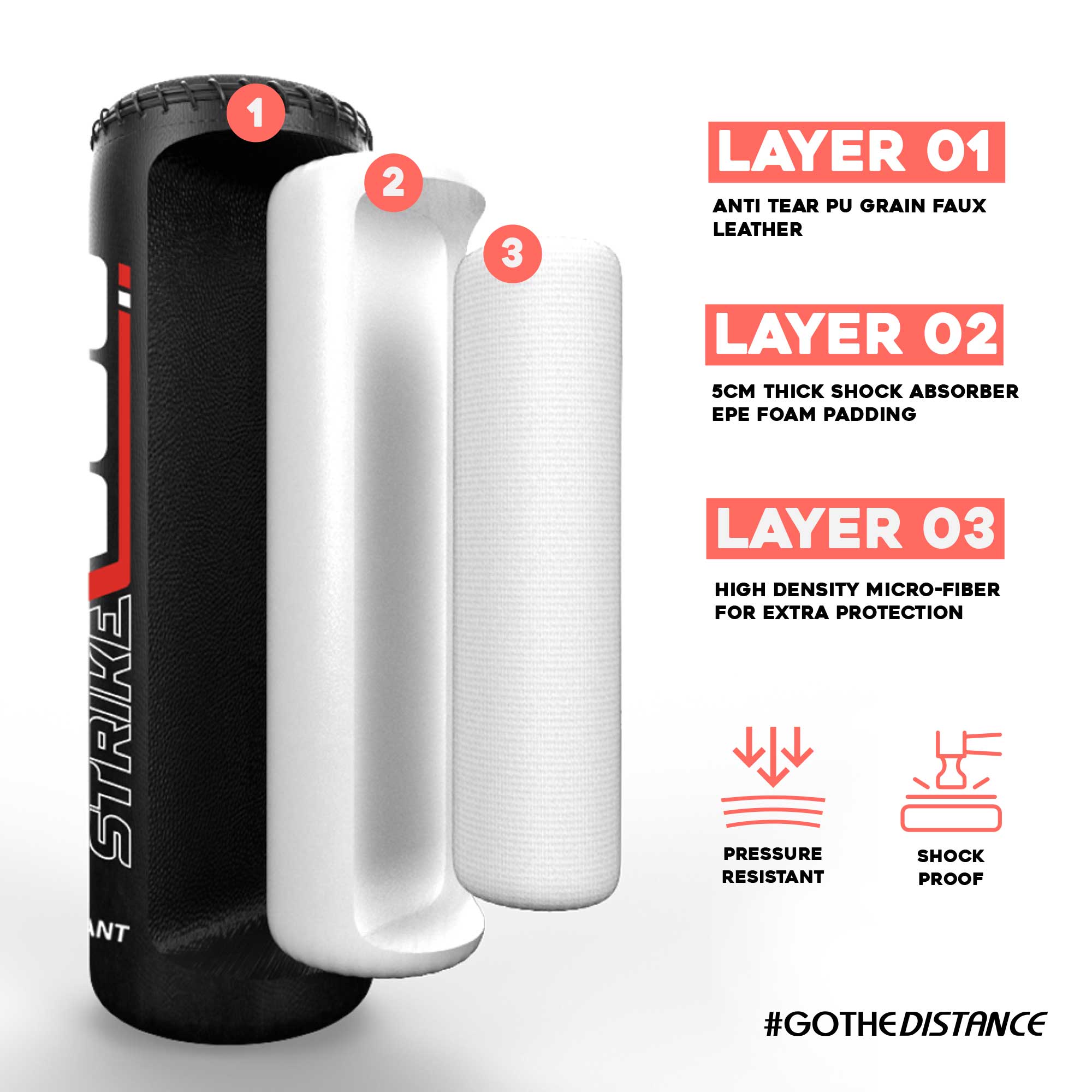 6ft Black Heavy Free-Standing Max360 Punchbag Layers Details.