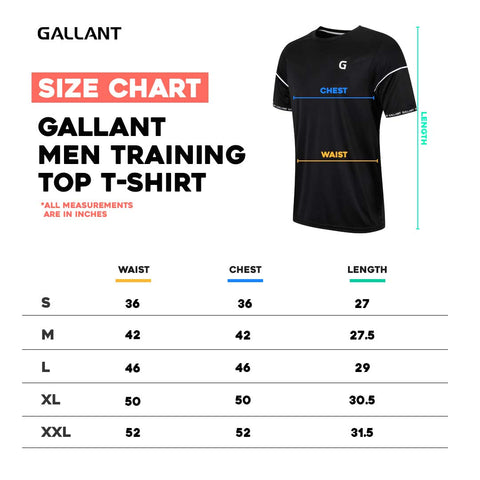 Gallant Men Training Top T-shirt Size Chart Details.