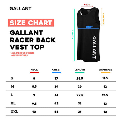 Gallant Racer Back Vest Top Size Chart Details.