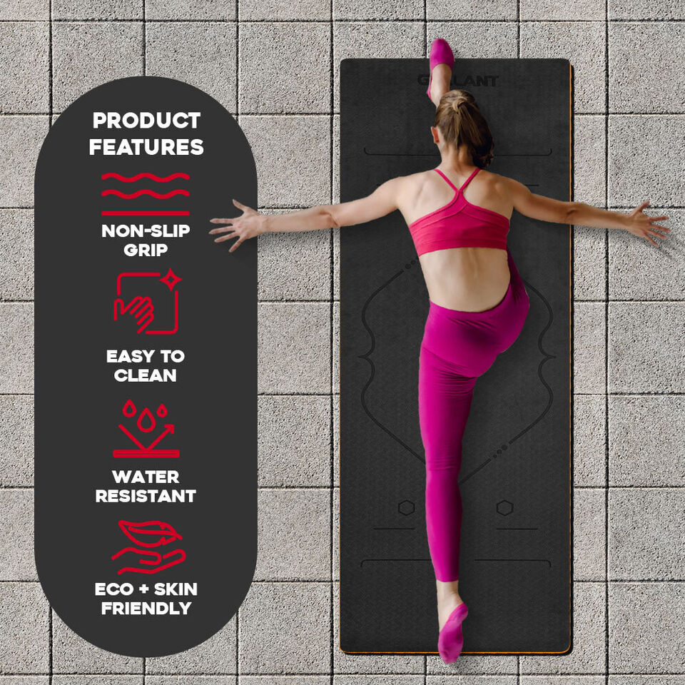 TPE Yoga Mat Non-Slip Alignment Lines Designee with Carry Straps Product Features Details.