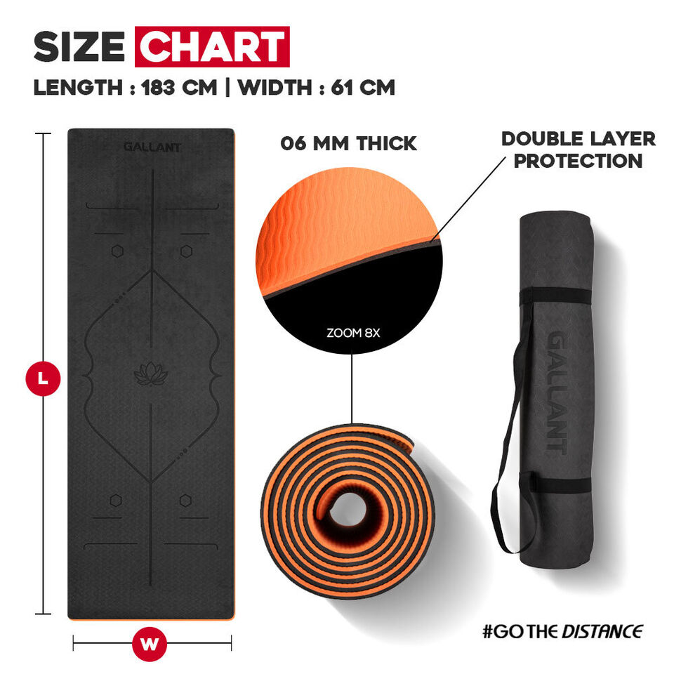TPE Yoga Mat Non-Slip Alignment Lines Designee with Carry Straps Size Chart Details.