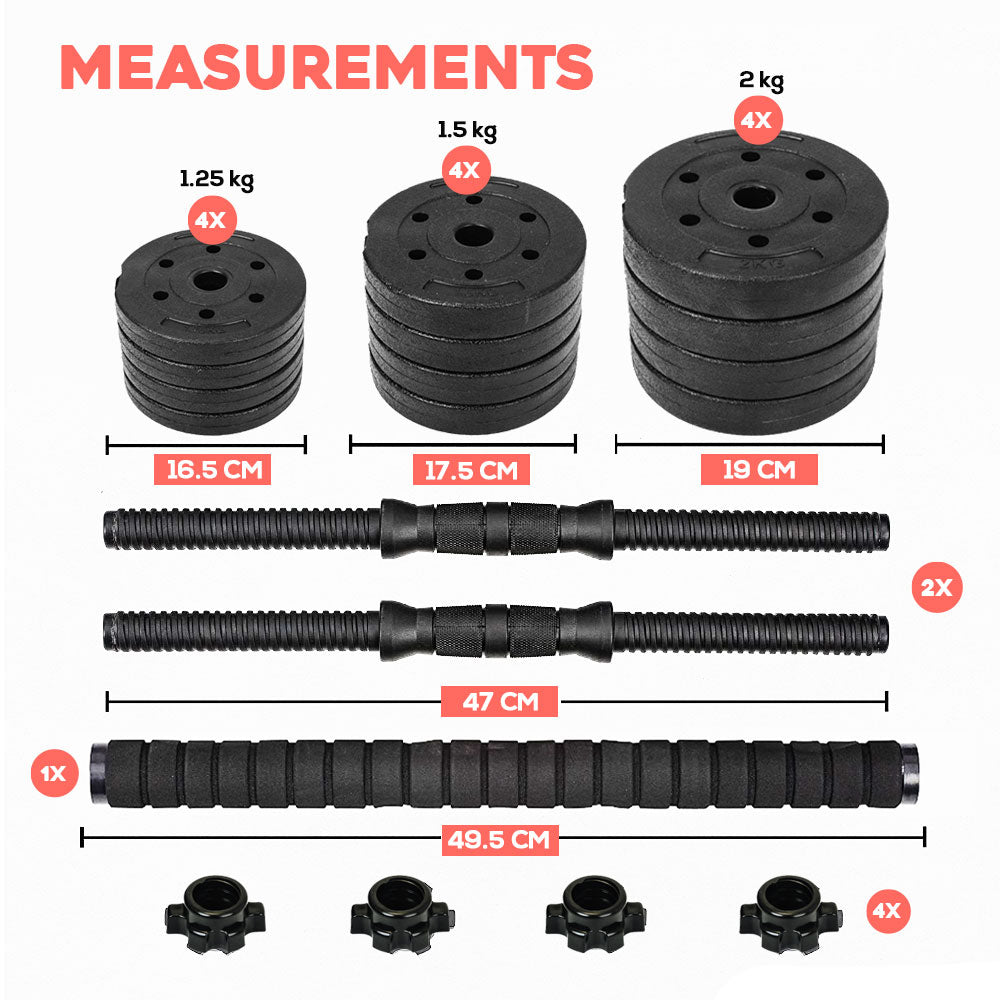 Gallant 20kg Adjustable Weights Dumbbells Set Measurements Details.
